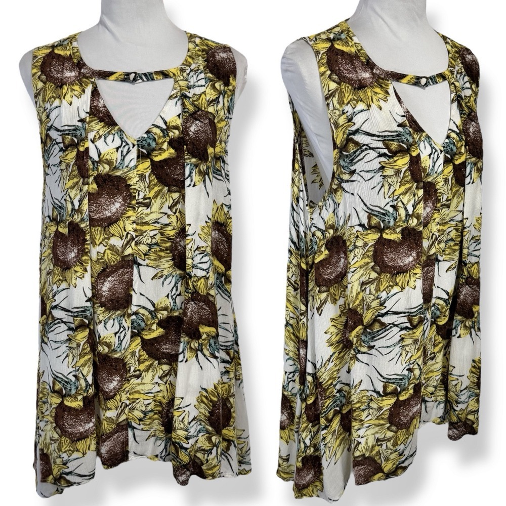 Oversized Boho Sunflower Tunic Top Size M Pockets Pleated Relaxed Cottagecore